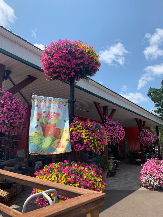 A+ Garden Center exterior with hanging baskets